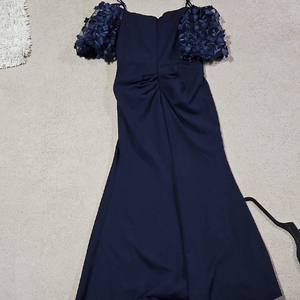 Xscape Navy Asymmetrical Dress with Floral Sleeves - Picture 2 of 2
